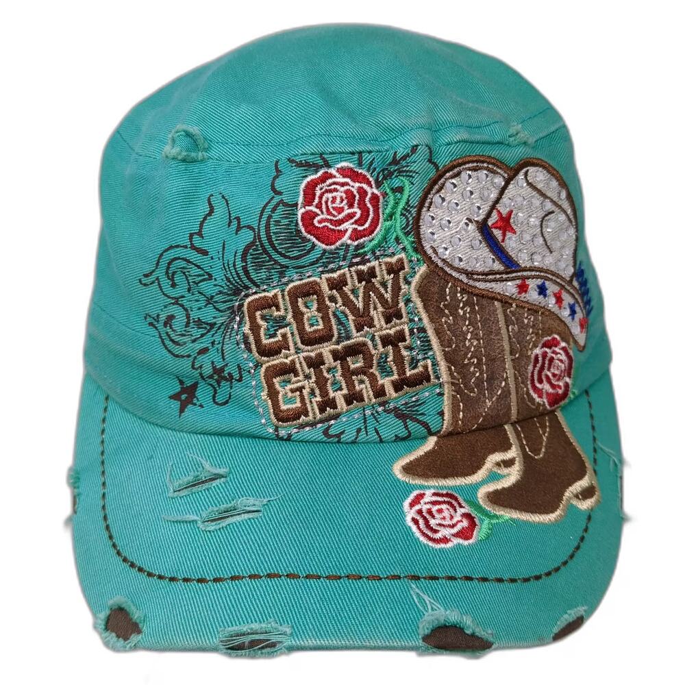 L.O.G.A. Army Cap Blue One Size Distressed Cowgirl Embroidered Hat Rhinestone